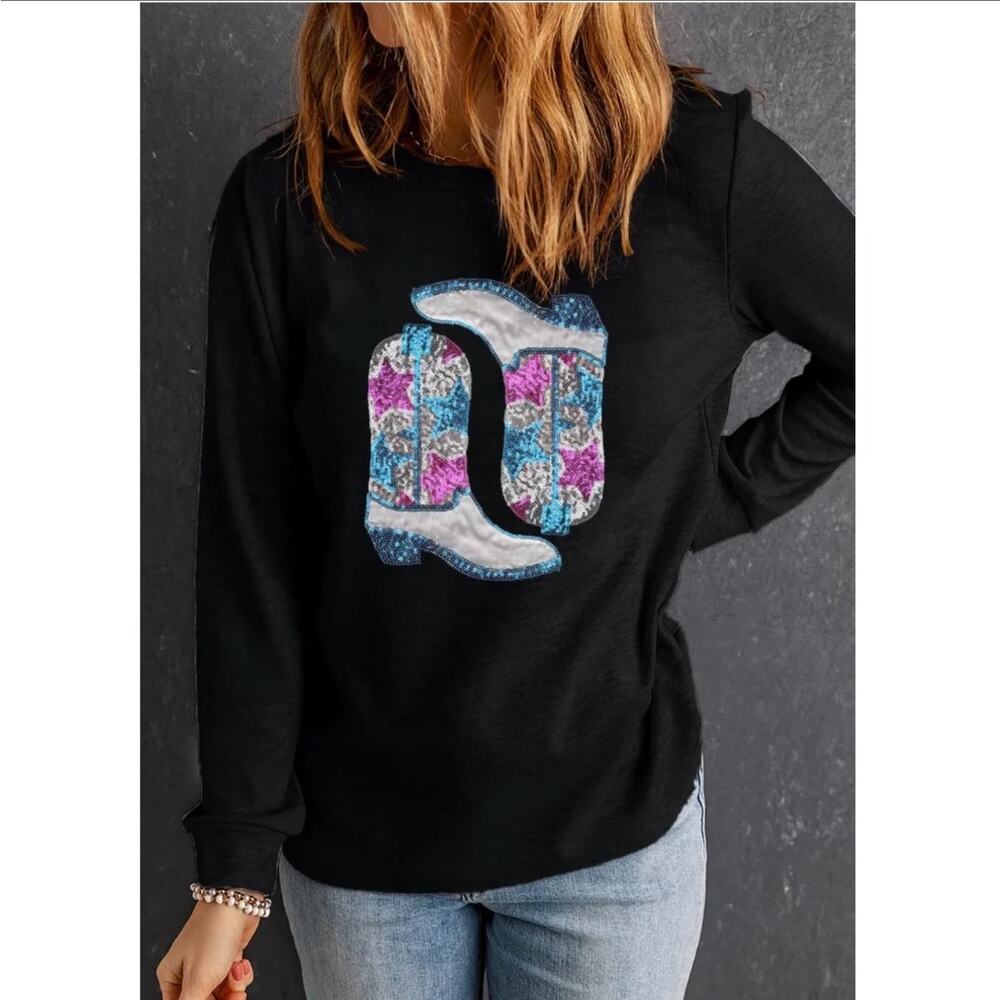 Boutique Sequin Cowboy Boot Black Long Sleeve Knit Top Size M